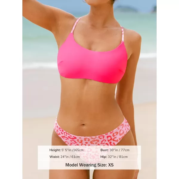 imageCUPSHE Womens Bikini Sets Two Piece Swimsuit Scoop Neck Crisscross Adjustable Straps Reversible Mid RiseHot PinkLeopard