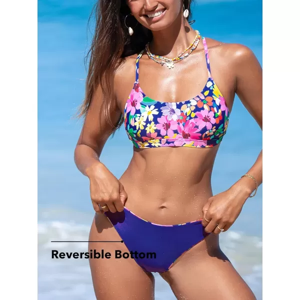 imageCUPSHE Womens Bikini Sets Two Piece Swimsuit Scoop Neck Crisscross Back Self Tie Mid Rise Reversible BottomPink Floral