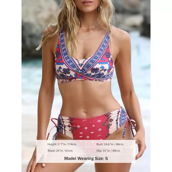 imageCUPSHE Womens Bikini Sets Two Piece Swimsuit Scoop Neck High Waisted Drawstring SwimwearPaisley Floral