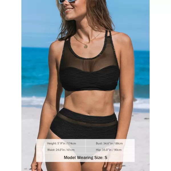 imageCUPSHE Womens Bikini Sets Two Piece Swimsuit Scoop Neck Mesh High Waisted Swimwear Back TieBlack