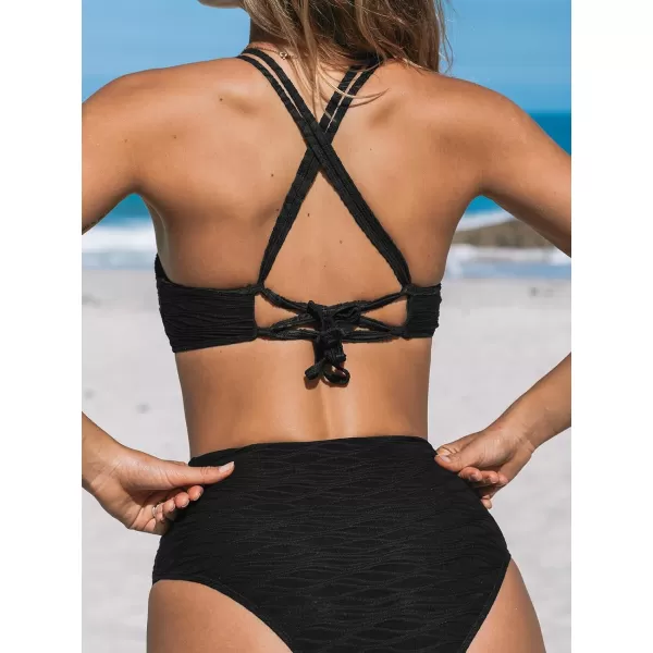 imageCUPSHE Womens Bikini Sets Two Piece Swimsuit Scoop Neck Mesh High Waisted Swimwear Back TieBlack