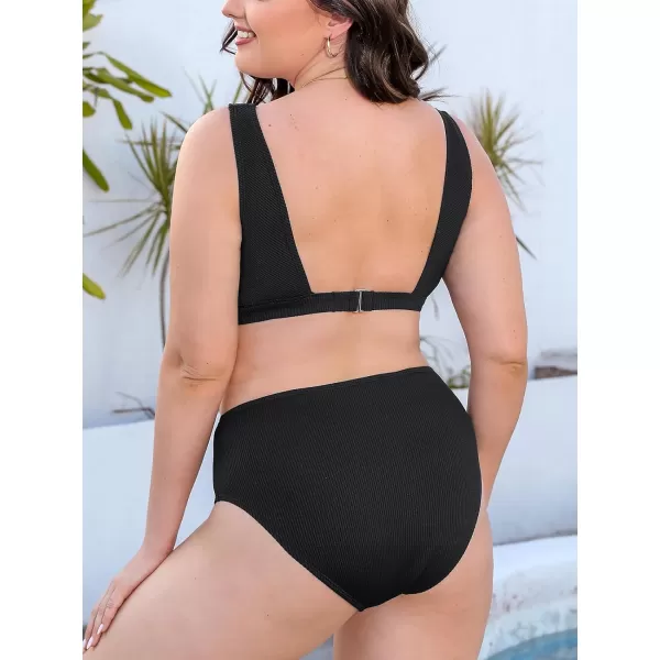 imageCUPSHE Womens Bikini Sets Two Piece Swimsuit Scoop Neck Mesh Wide Straps Mid Rise Swimwear Back HookBlack
