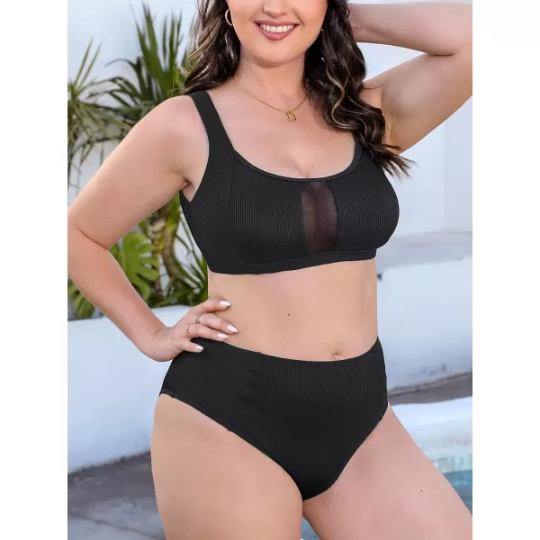 imageCUPSHE Womens Bikini Sets Two Piece Swimsuit Scoop Neck Mesh Wide Straps Mid Rise Swimwear Back HookBlack