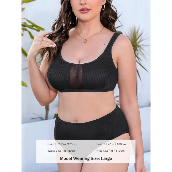 imageCUPSHE Womens Bikini Sets Two Piece Swimsuit Scoop Neck Mesh Wide Straps Mid Rise Swimwear Back HookBlack
