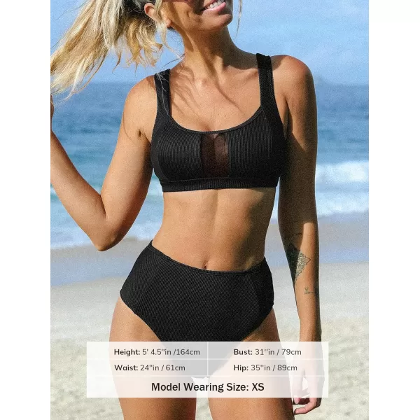 imageCUPSHE Womens Bikini Sets Two Piece Swimsuit Scoop Neck Mesh Wide Straps Mid Rise Swimwear Back HookBlack