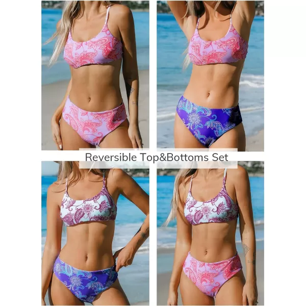imageCUPSHE Womens Bikini Sets Two Piece Swimsuit Scoop Neck Mid Rise Crisscross Back Self Tie Reversible Top BottomPinkBlue