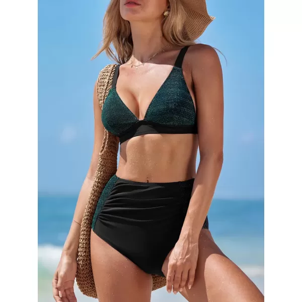 imageCUPSHE Womens Bikini Sets Two Piece Swimsuit Shirred High Waisted Bottom V Neck Swimwear Back HookBlack