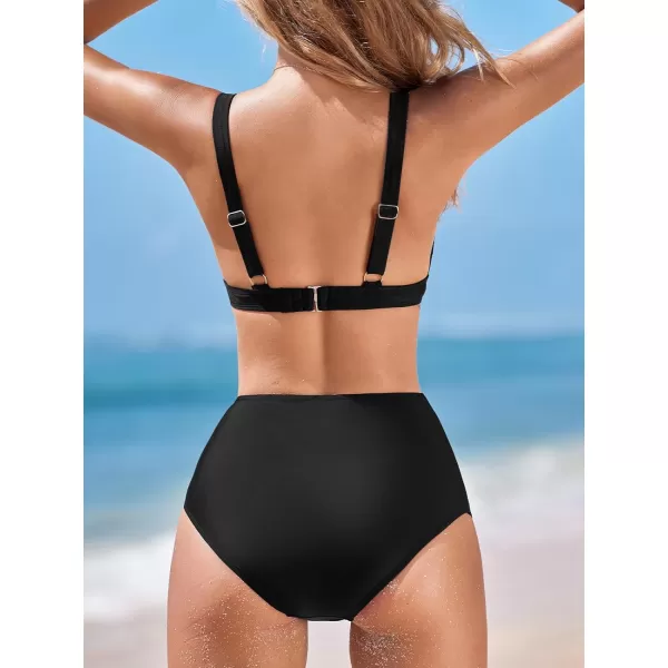 imageCUPSHE Womens Bikini Sets Two Piece Swimsuit Shirred High Waisted Bottom V Neck Swimwear Back HookBlack