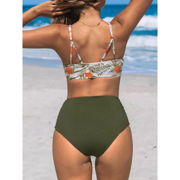 imageCUPSHE Womens Bikini Sets Two Piece Swimsuit Shirred High Waisted Reversible Bottom Scoop Neck SwimwearArmy Green Tropical
