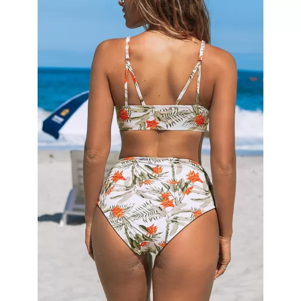 imageCUPSHE Womens Bikini Sets Two Piece Swimsuit Shirred High Waisted Reversible Bottom Scoop Neck SwimwearArmy Green Tropical