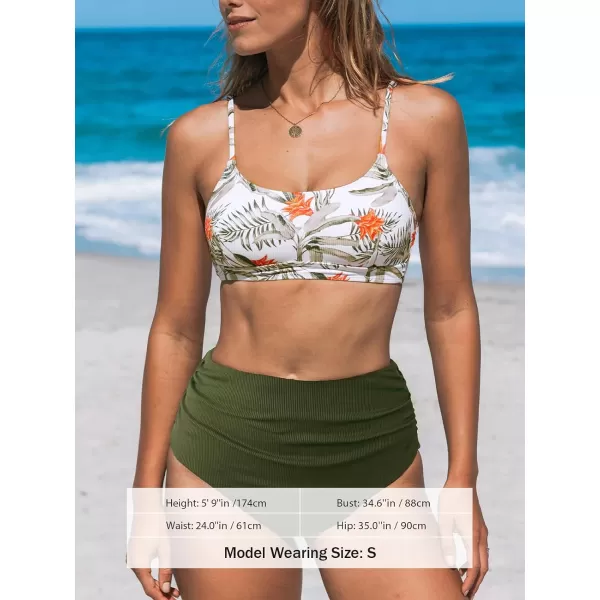imageCUPSHE Womens Bikini Sets Two Piece Swimsuit Shirred High Waisted Reversible Bottom Scoop Neck SwimwearArmy Green Tropical