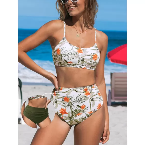 imageCUPSHE Womens Bikini Sets Two Piece Swimsuit Shirred High Waisted Reversible Bottom Scoop Neck SwimwearArmy Green Tropical