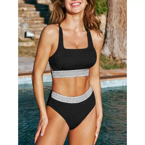 imageCUPSHE Womens Bikini Sets Two Piece Swimsuit Square Neck Crisscross Back Tie Mid Rise RibbedBlackWhite