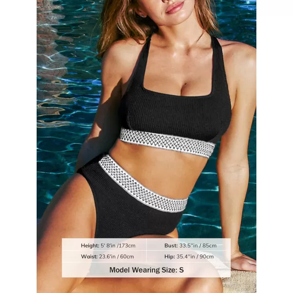 imageCUPSHE Womens Bikini Sets Two Piece Swimsuit Square Neck Crisscross Back Tie Mid Rise RibbedBlackWhite