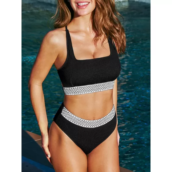 imageCUPSHE Womens Bikini Sets Two Piece Swimsuit Square Neck Crisscross Back Tie Mid Rise RibbedBlackWhite