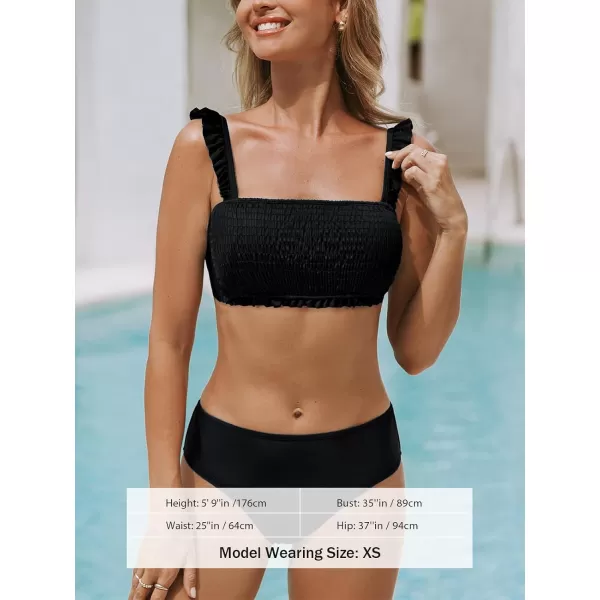 imageCUPSHE Womens Bikini Sets Two Piece Swimsuit Square Neck Smocked Back Tie Bathing Suit Mid Rise SwimwarBlack