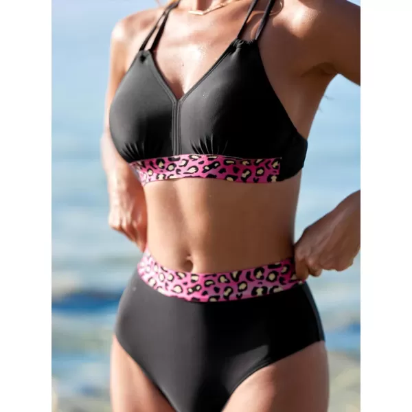 imageCUPSHE Womens Bikini Sets Two Piece Swimsuit V Neck Back Self Tie Leopard SwimwearBlack Leopard