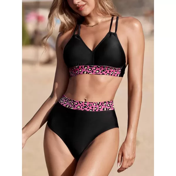 imageCUPSHE Womens Bikini Sets Two Piece Swimsuit V Neck Back Self Tie Leopard SwimwearBlack Leopard