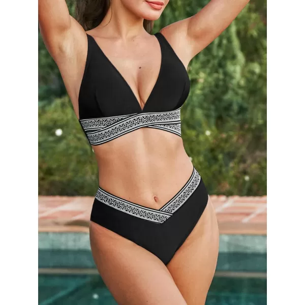 imageCUPSHE Womens Bikini Sets Two Piece Swimsuit V Neck Boho Banded Swimwear Mid Rise V Cut BottomBlack