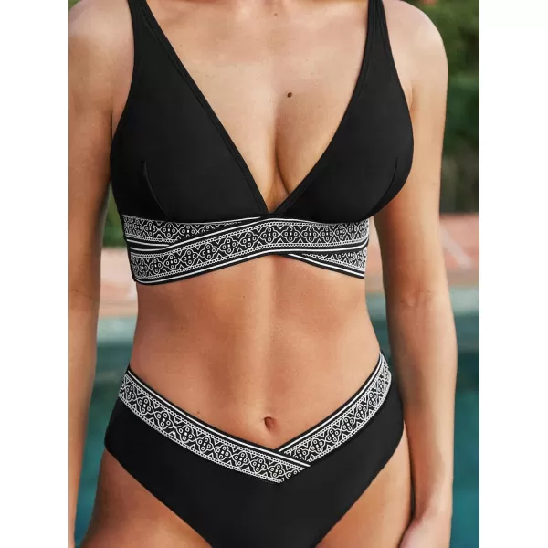 imageCUPSHE Womens Bikini Sets Two Piece Swimsuit V Neck Boho Banded Swimwear Mid Rise V Cut BottomBlack