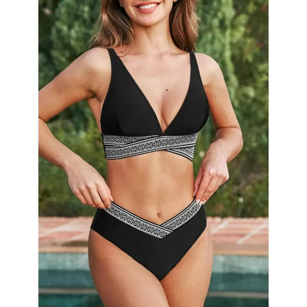 imageCUPSHE Womens Bikini Sets Two Piece Swimsuit V Neck Boho Banded Swimwear Mid Rise V Cut BottomBlack