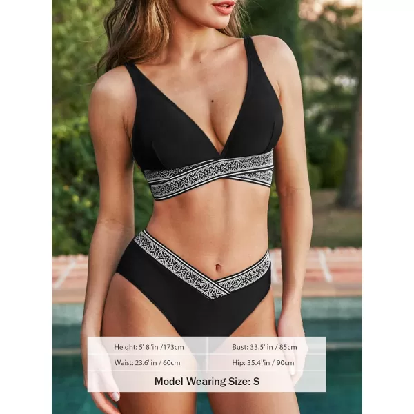 imageCUPSHE Womens Bikini Sets Two Piece Swimsuit V Neck Boho Banded Swimwear Mid Rise V Cut BottomBlack