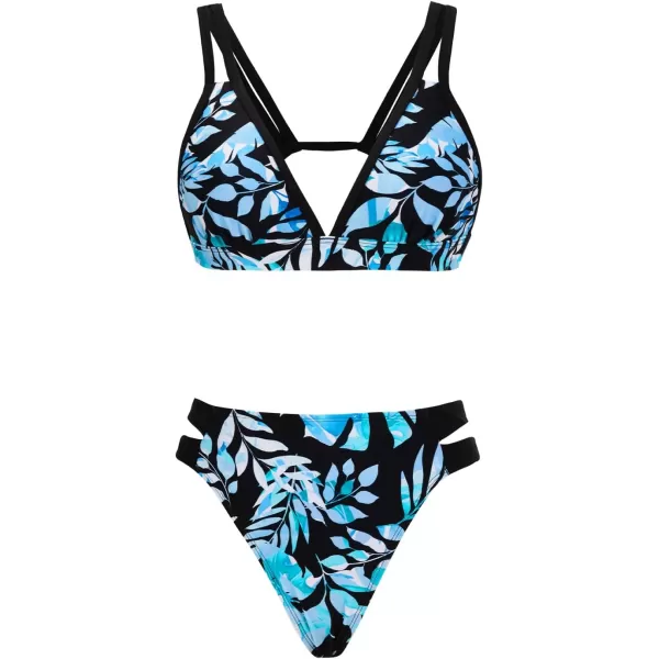 imageCUPSHE Womens Bikini Sets Two Piece Swimsuit V Neck Double Straps Cutout Bathing Suit Cheeky BottomBlackBlue
