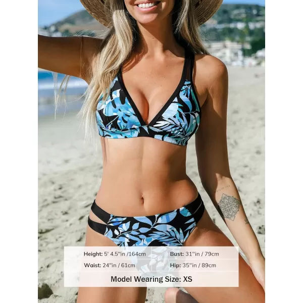 imageCUPSHE Womens Bikini Sets Two Piece Swimsuit V Neck Double Straps Cutout Bathing Suit Cheeky BottomBlackBlue