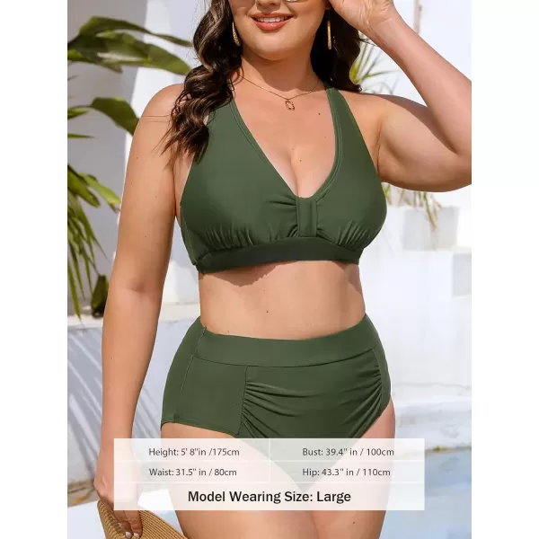 imageCUPSHE Womens Bikini Sets Two Piece Swimsuit V Neck Knot Front Swimwear High Waisted Shirred BottomArmy Green