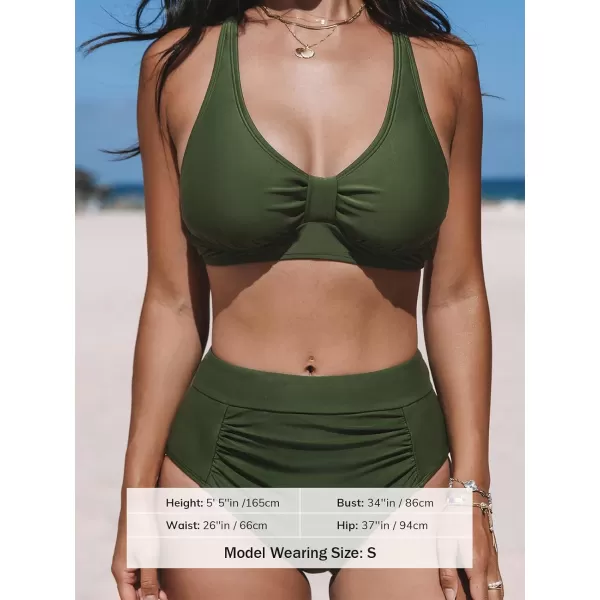 imageCUPSHE Womens Bikini Sets Two Piece Swimsuit V Neck Knot Front Swimwear High Waisted Shirred BottomArmy Green