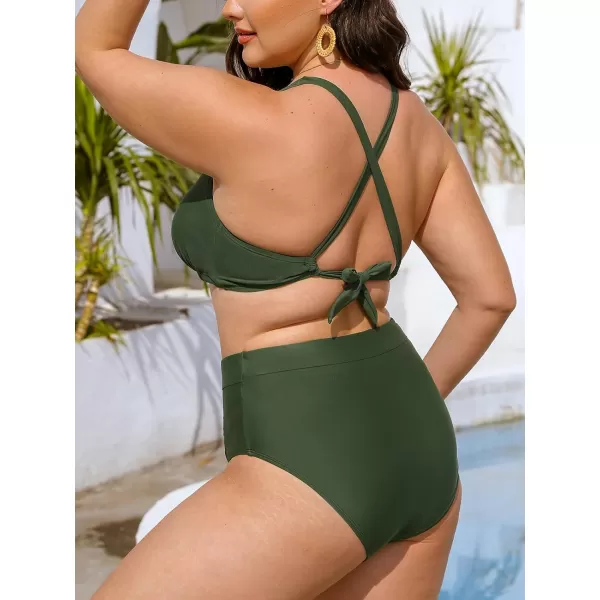imageCUPSHE Womens Bikini Sets Two Piece Swimsuit V Neck Knot Front Swimwear High Waisted Shirred BottomArmy Green