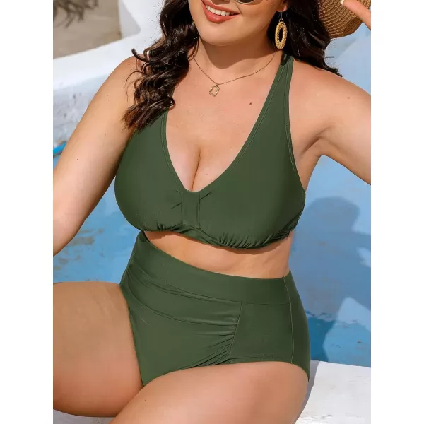 imageCUPSHE Womens Bikini Sets Two Piece Swimsuit V Neck Knot Front Swimwear High Waisted Shirred BottomArmy Green