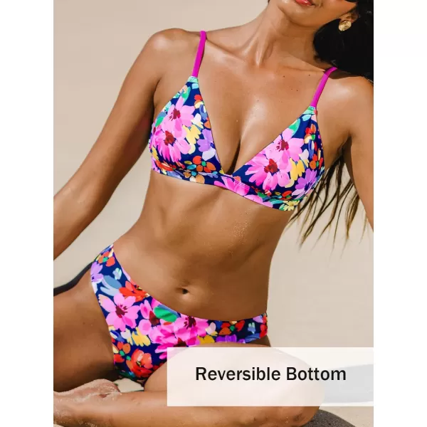 imageCUPSHE Womens Bikini Sets Two Piece Swimsuit V Neck Mid Rise Lace Up Spaghetti Straps Reversible BottomPink Floral