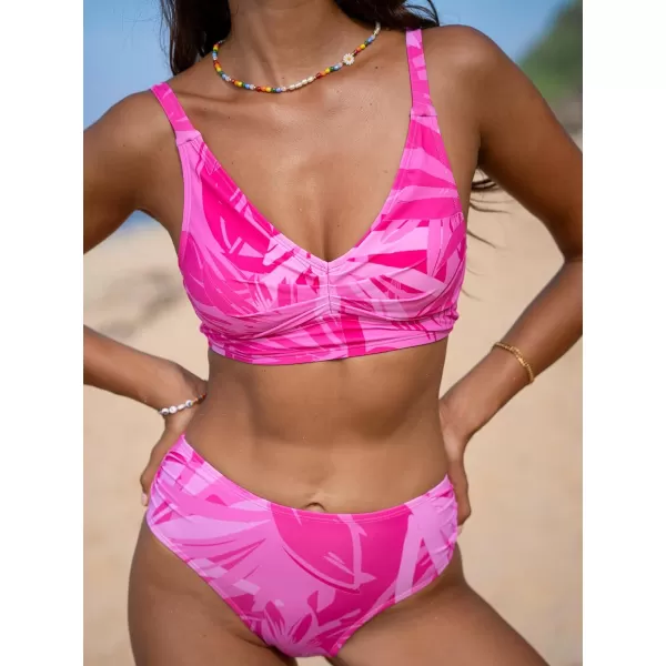 imageCUPSHE Womens Bikini Sets Two Piece Swimsuit V Neck Mid Rise Ruched Crisscross Back Self TieHot Pink