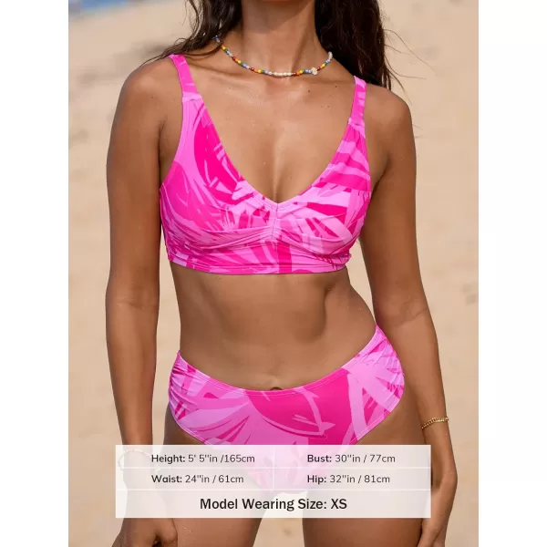 imageCUPSHE Womens Bikini Sets Two Piece Swimsuit V Neck Mid Rise Ruched Crisscross Back Self TieHot Pink