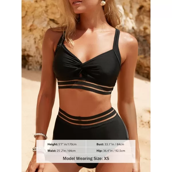 imageCUPSHE Womens Bikini Sets Two Piece Swimsuit V Neck Swimwear High Waisted Front Twisted Adjustable Crisscross Straps MeshBlack