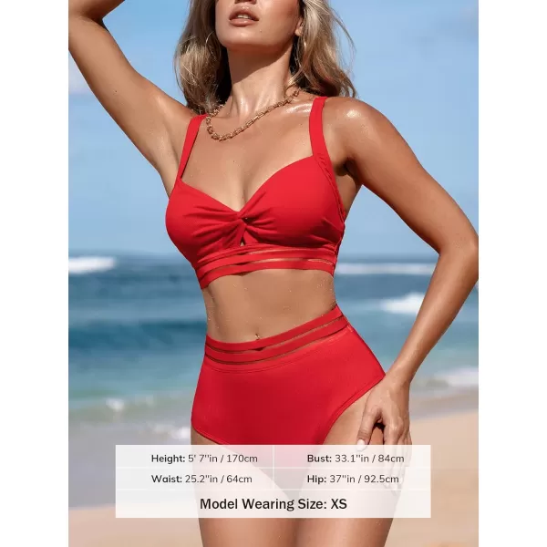 imageCUPSHE Womens Bikini Sets Two Piece Swimsuit V Neck Swimwear High Waisted Front Twisted Adjustable Crisscross Straps MeshRed