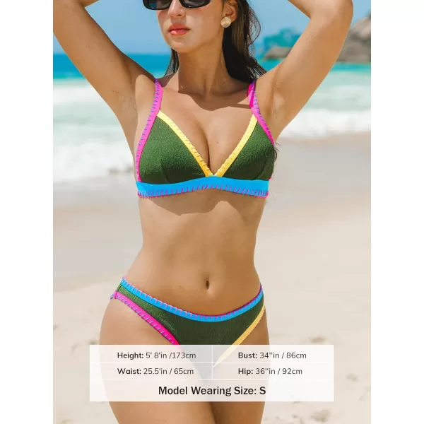 imageCUPSHE Womens Bikini Sets Two Piece Swimsuit V Neck Triangle Cups Adjustable Straps Cheeky StitchingGreenPinkYellow