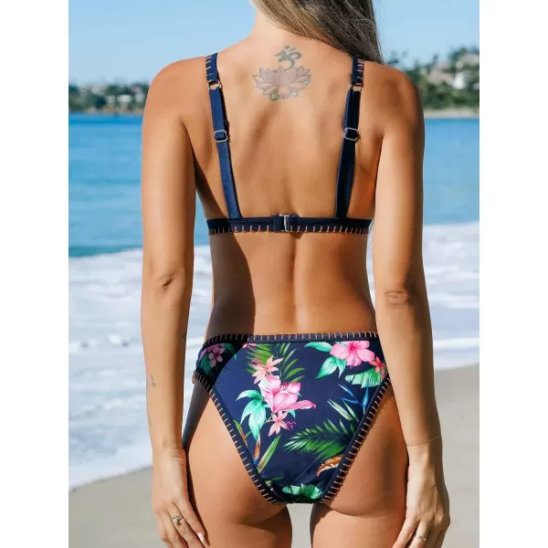 imageCUPSHE Womens Bikini Sets Two Piece Swimsuit V Neck Triangle Cups Adjustable Straps Cheeky StitchingNavy Blue Floral