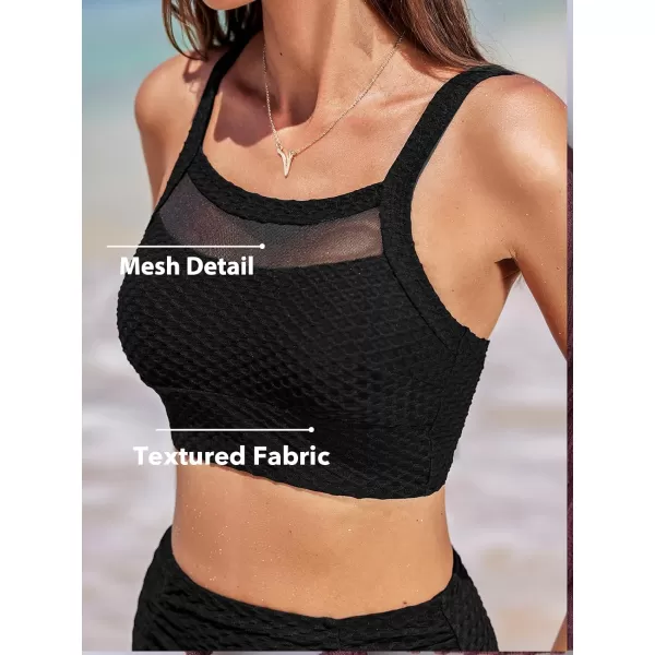 imageCUPSHE Womens Bikini Sets Two Piece Swimsuits High Waisted Scoop Neck Crisscross Self Tie Textured Mesh CutoutBlack