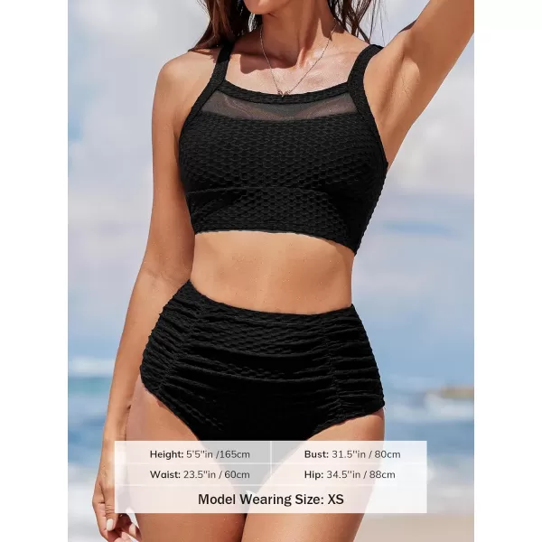 imageCUPSHE Womens Bikini Sets Two Piece Swimsuits High Waisted Scoop Neck Crisscross Self Tie Textured Mesh CutoutBlack