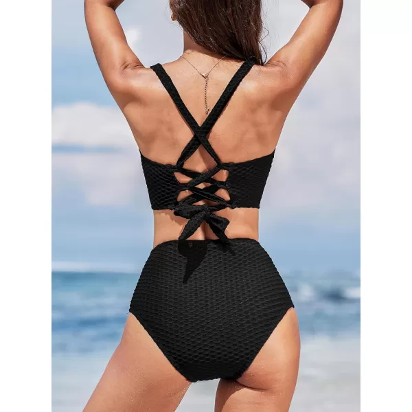 imageCUPSHE Womens Bikini Sets Two Piece Swimsuits High Waisted Scoop Neck Crisscross Self Tie Textured Mesh CutoutBlack