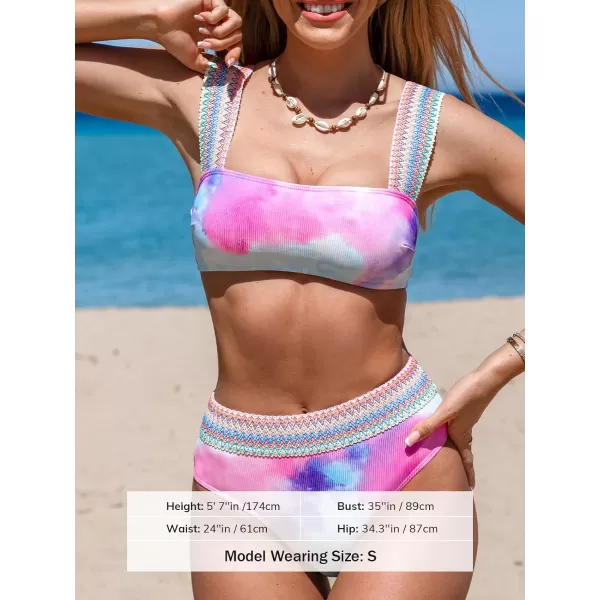 imageCUPSHE Womens Bikini Sets Two Piece Swimsuits High Waisted Square Neck Wide Straps Ribbed Texture Tie DyePinkTie Dye