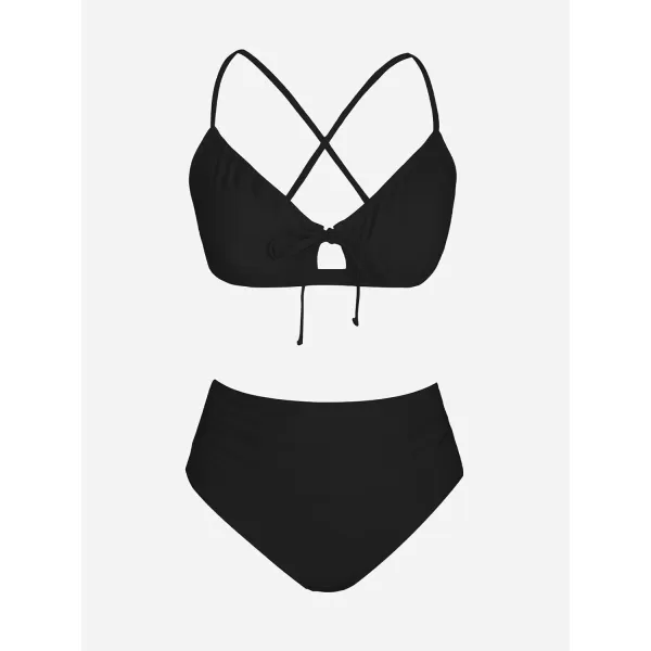 imageCUPSHE Womens Bikini Sets Two Piece Swimsuits Scoop Neck Crisscross Back Self Tie High Waisted RuchedBlack