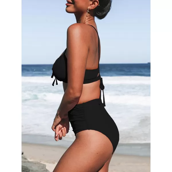 imageCUPSHE Womens Bikini Sets Two Piece Swimsuits Scoop Neck Crisscross Back Self Tie High Waisted RuchedBlack