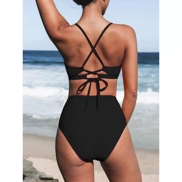 imageCUPSHE Womens Bikini Sets Two Piece Swimsuits Scoop Neck Crisscross Back Self Tie High Waisted RuchedBlack