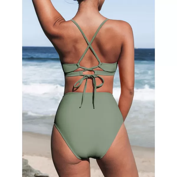 imageCUPSHE Womens Bikini Sets Two Piece Swimsuits Scoop Neck Crisscross Back Self Tie High Waisted RuchedOlive Green