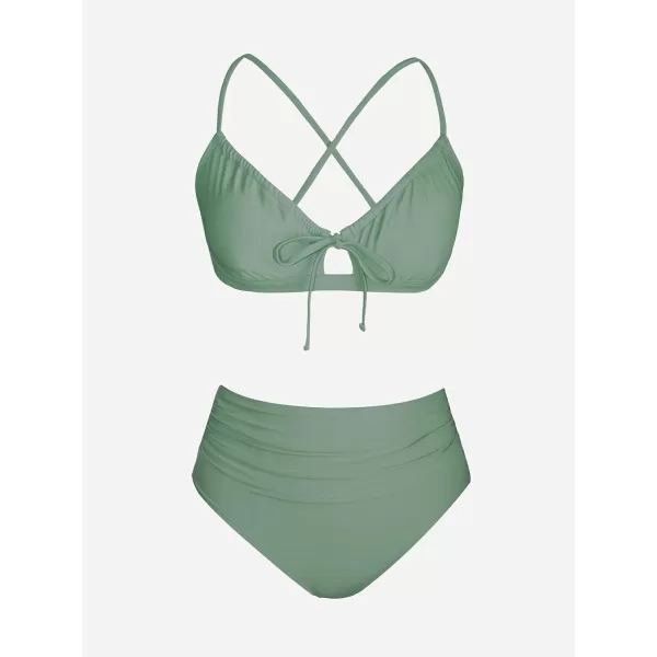 imageCUPSHE Womens Bikini Sets Two Piece Swimsuits Scoop Neck Crisscross Back Self Tie High Waisted RuchedOlive Green