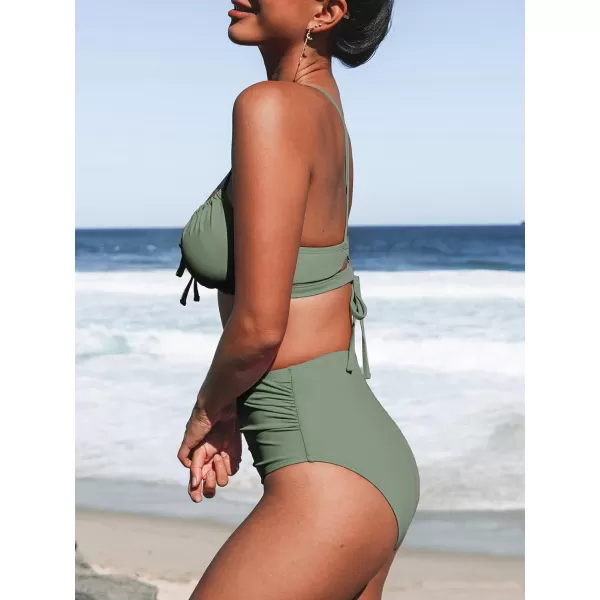 imageCUPSHE Womens Bikini Sets Two Piece Swimsuits Scoop Neck Crisscross Back Self Tie High Waisted RuchedOlive Green