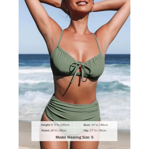 imageCUPSHE Womens Bikini Sets Two Piece Swimsuits Scoop Neck Crisscross Back Self Tie High Waisted RuchedOlive Green